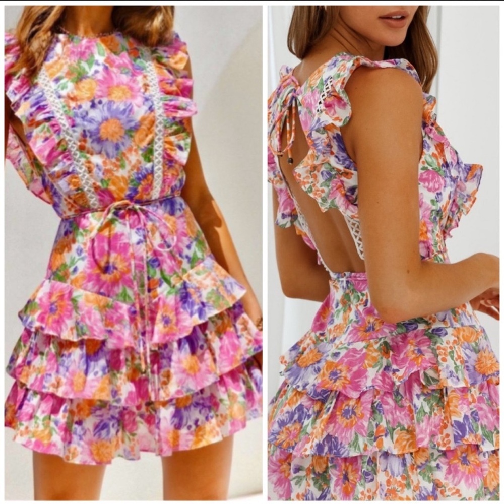 ONELEVEN Sleeveless Layered Frill Dress Floral Print Multi Large